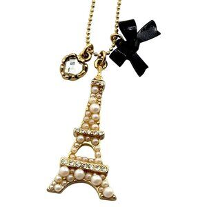 Betsey Johnson Eiffel Tower Pendant Necklace – Faux Pearls & Crystals – Gold Ton
